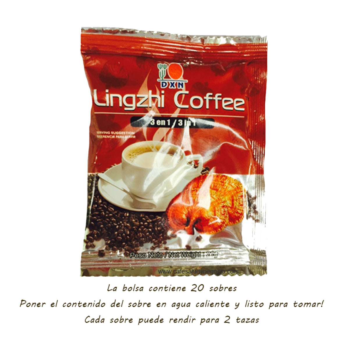 Sobres individuales café DXN Lingzhi 3 en 1 con extracto de Ganoderma Reishi