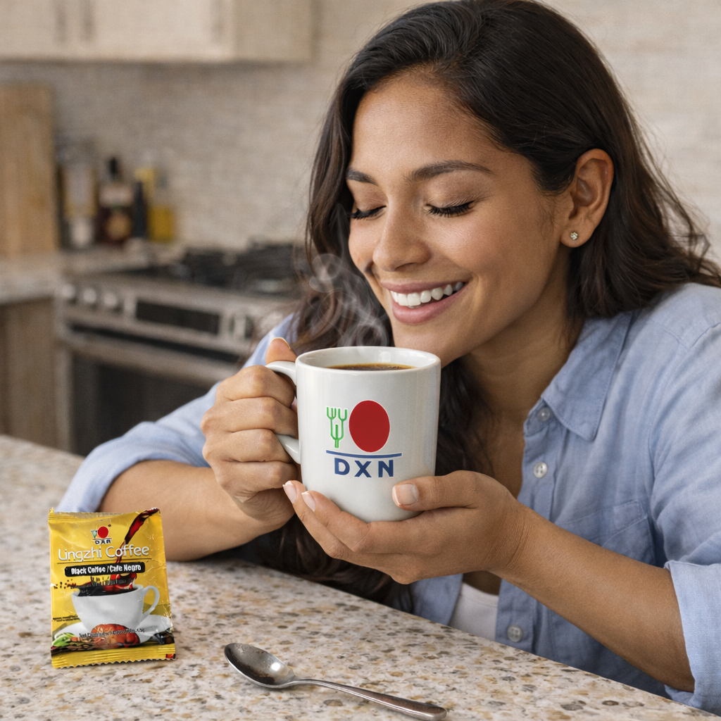 Persona disfrutando café Lingzhi Coffee DXN 2 en 1 con Ganoderma en taza