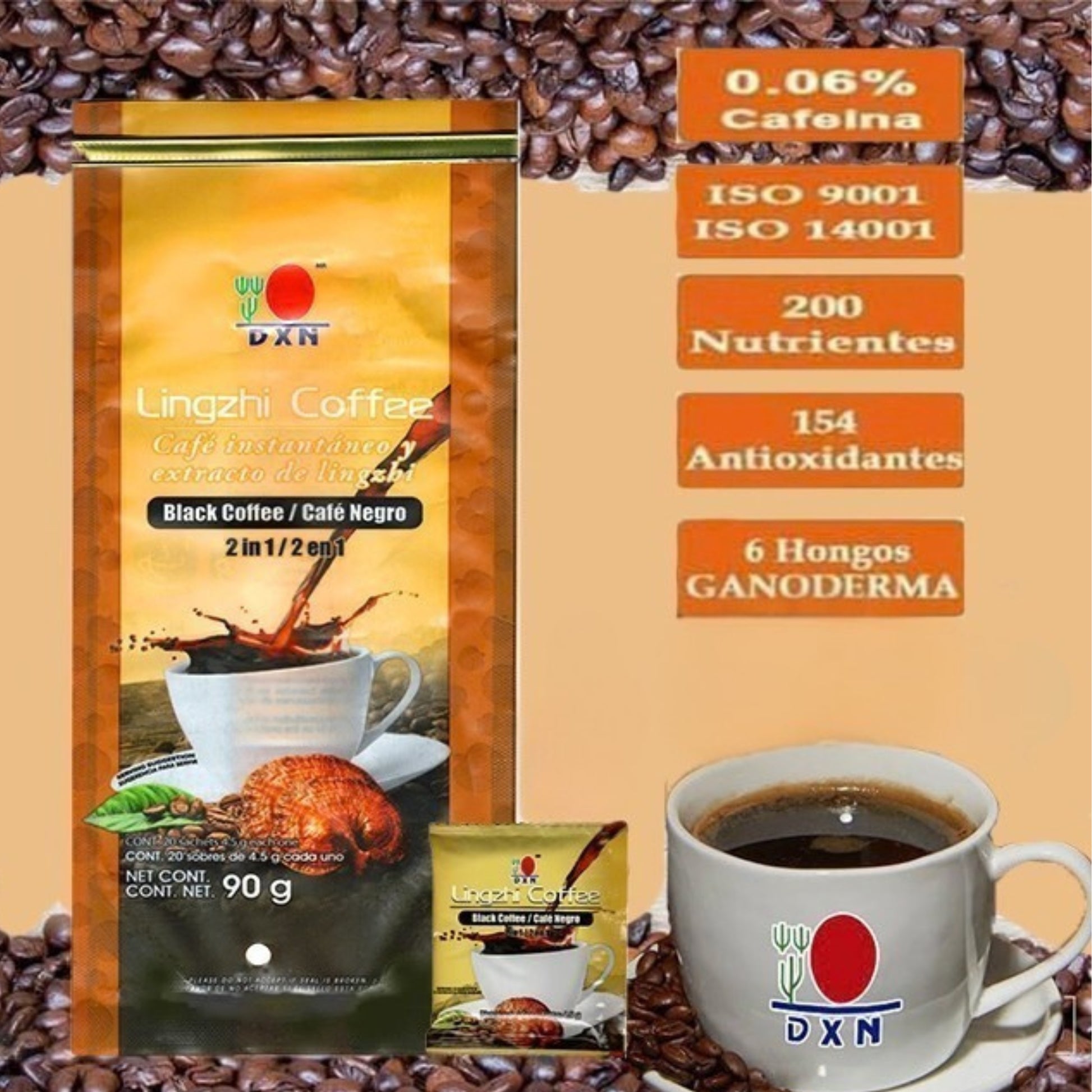 Café Lingzhi Coffee DXN 2 en 1 con Ganoderma – café negro instantáneo bajo en cafeína con antioxidantes